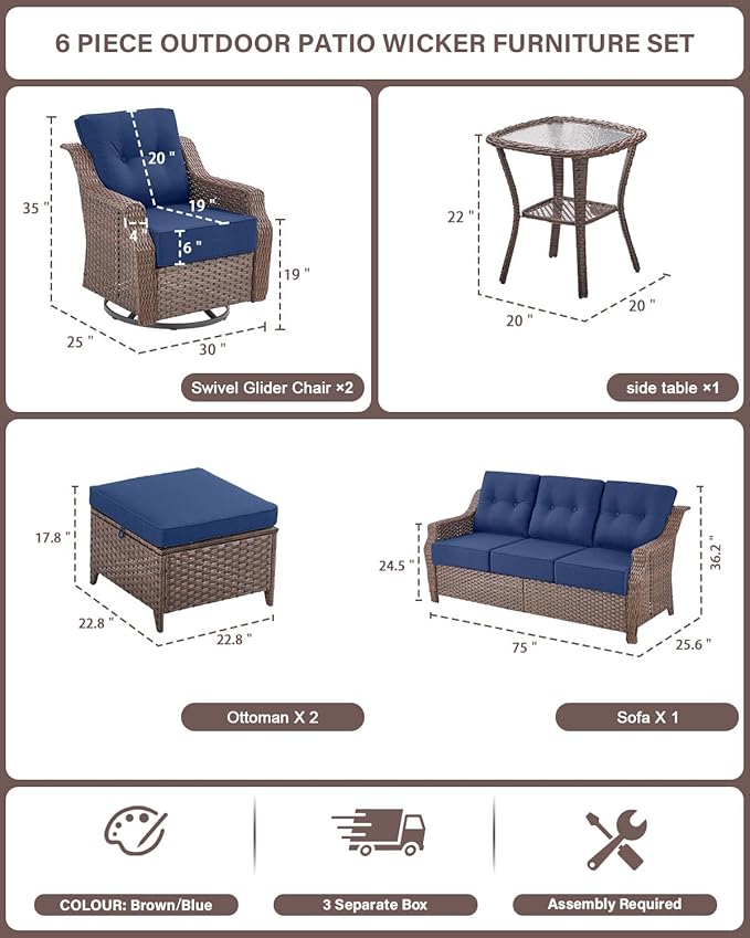 Belord High Back Outdoor Patio Furniture Set - Wicker Outdoor Swivel Rocker Patio Chairs with Sofa and Ottoman, All-Weather Patio Conversation Set for for Patio Deck Backyard