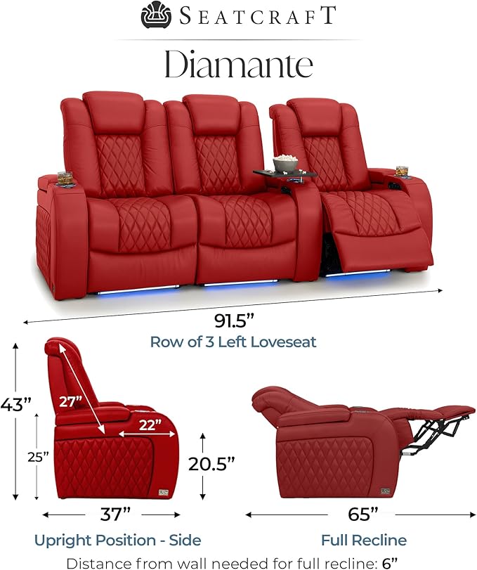 Seatcraft Diamante Zero-Gravity CoolZero Italian Leather Home Theater Seating, Power Headrest, Power Recline, Row of 3 Left Loveseat, Red