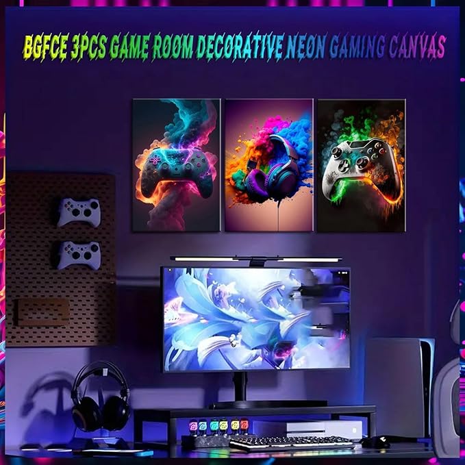 Gaming Room Decor Canvas Wall Art Set of 3 - Cool Video Gaming Theme Wall Decor, Gamer Paintings Picture Print for Teen Boys Room 16x24 inch Framed