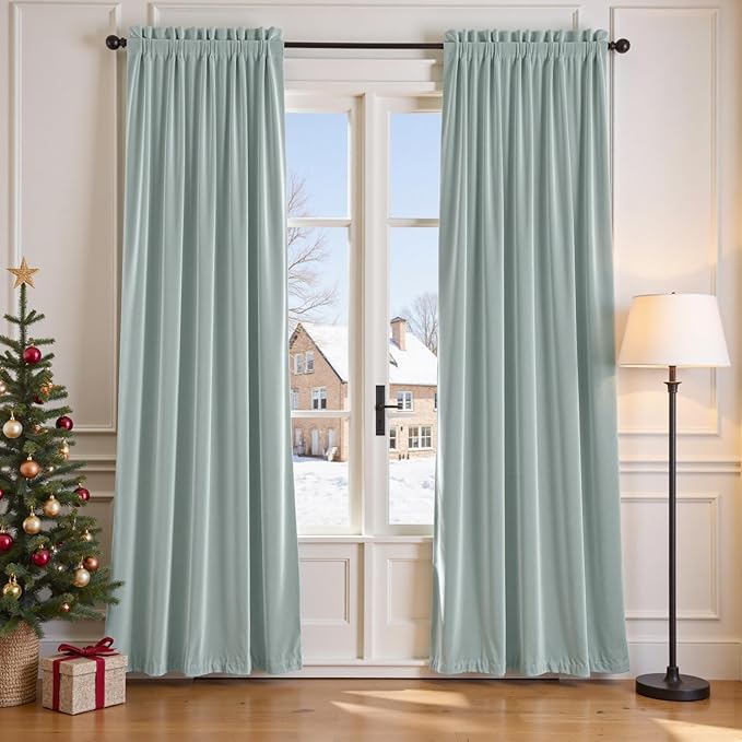 Lazzzy Velvet Blackout Curtains Thermal Insulated Room Window Drapes Super Soft Luxury Curtains for Living Room Bedroom Rod Pocket 2 Panels, Misty Blue, 52" W x 96" L