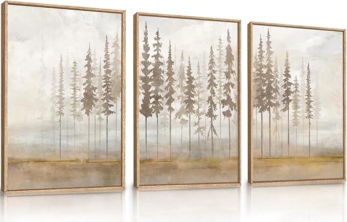 LHIUEM Large Pine Tree Framed Canvas Wall Art Set,Forest Trees Nature Wall Decor,Modern Landscape Artwork, Foggy Forest Painting For Living Room, Bedroom,Office-16 x24 x3