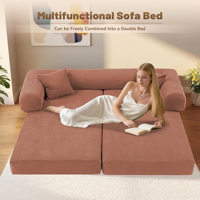Convertible Futon Sofa Bed,80" Folding Pull Out Couch Bed with Storage,Queen Sleeper Sofa Bed,Compressed Couch in a Box,Corduroy Boneless Couches for Living Room,Pink