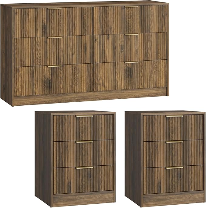 Walnut Dresser & Nightstand Set 3-Piece, 6 Drawer Dresser and Night Stand Set of 2 with Metal Handle, Modern Wood Chest of Drawers Storage Dressers Set for Bedroom, Walnut
