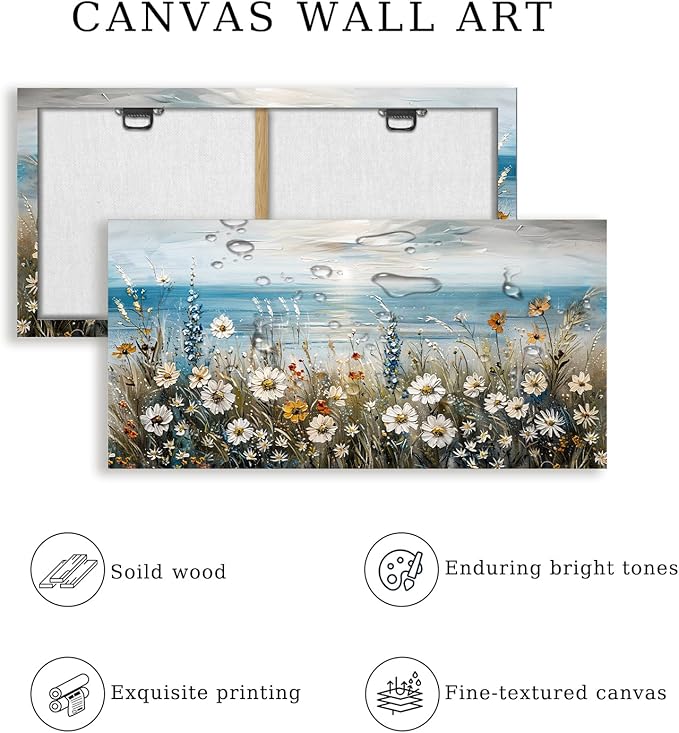 SERIMINO Large Wall Art for Living Room, Coastal Landscape Wall Decor, Beach Daisy Canvas Prints Farmhouse Decor, Wildflowers Bathroom Pictures Home Decor Aesthetic, Dining Room Kitchen Artwork 29"X57"