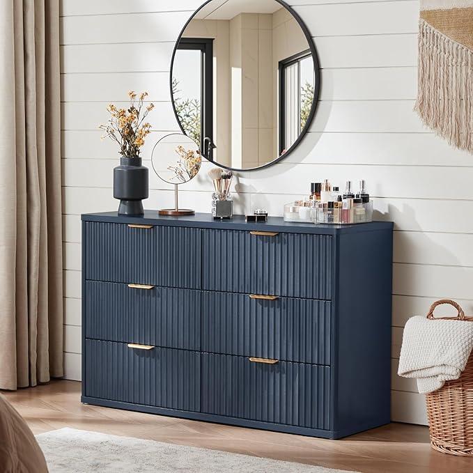 LEYAOYAO 48" Wide Fluted Dresser and 3 Drawers 23" Nightstand Set of 2, Wooden Dresser & Night Stand with Charging Station, 3 Piece Bedroom Furniture Set, Chest of Drawer for Living Room,Navy Blue