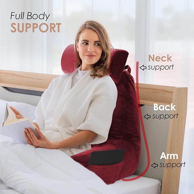 Nestl Reading Pillow with Shredded Memory Foam Includes 2 Neck and Lumber Support Pillows, Designed for Sitting Up in Bed and Couch, Back and Arms Adjustable Support for Adult & Teens, Red