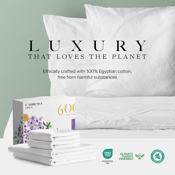 Carressa Linen 100% Egyptian Cotton King Size Sheets Set - 600 Thread Count Egyptian Cotton Sheets King Size (4 PC, Crisp White), Soft, Cooling, 16" Deep Pocket Sateen Weave Luxury Bed Sheet