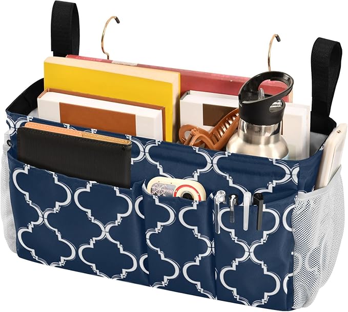 Bedside Caddy Hanging Bunk Bed Caddy Bed Organizer Hanging Pocket with 2 Hooks Bedside Storage Organizer Pocket Bag Holder Navy Blue Geometric Quatrefoil