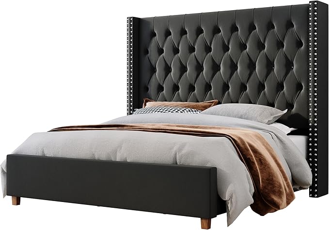 Jocisland King Size Bed Frame with 61.4" Tall Headboard, Velvet Upholstered Wingback Platform Design, Handcrafted Pleats& Deep Button Tufted, Solid Wood Legs, No Box Spring Needed, Black