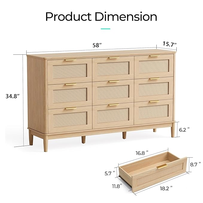 LINSY HOME Rattan Dresser for Bedroom with 9 Drawers, 58" Wide Chest of Drawers, Mid Century Modern Dresser TV Stand with Metal Handle, Wood Closet Storage Cabinet for Living Room, Hallway, Oak
