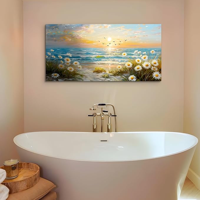 SERIMINO Large Canvas Wall Art Prints, Ocean Sunset Landscape Canvas Prints Paintings, Coastal Daisy Paintings Decor, Seaside Wildflowers Wall Decor for Bedroom Living Room Dining Room 29"X57"