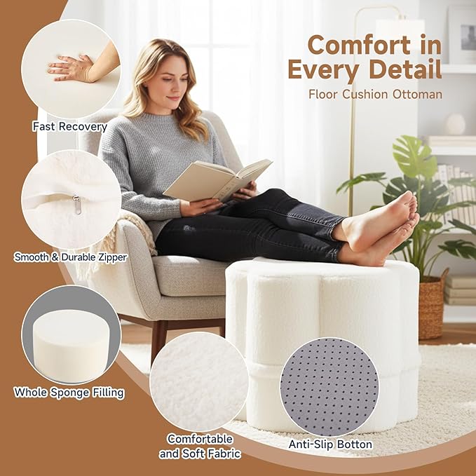 Tiita Floral Pouf Ottoman, Foot Stools Ottoman with Foam Chunk Filling, Puff Foot Rest for Couch, Living Room, Kids Room, Cream