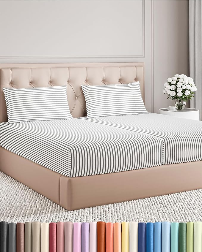 Split King Size 5 Piece Sheet Set - Comfy Breathable & Cooling Bed Sheets Set - Hotel Luxury Bedding for Women, Men, Kids, Teens, Boys & Girls - Deep Pockets & Wrinkle Free - Oeko-Tex - Grey Stripes 2