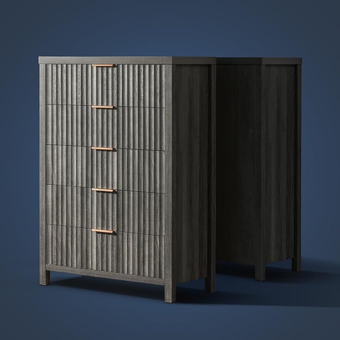 5 Drawers Dresser for Bedroom, 44 Inches Tall Modern Bedroom Dressers, Chest of Drawers for Bedroom, Fluted Dresser for Closet Organizer for Living Room, Hallway, Entryway (Midnight Oak)
