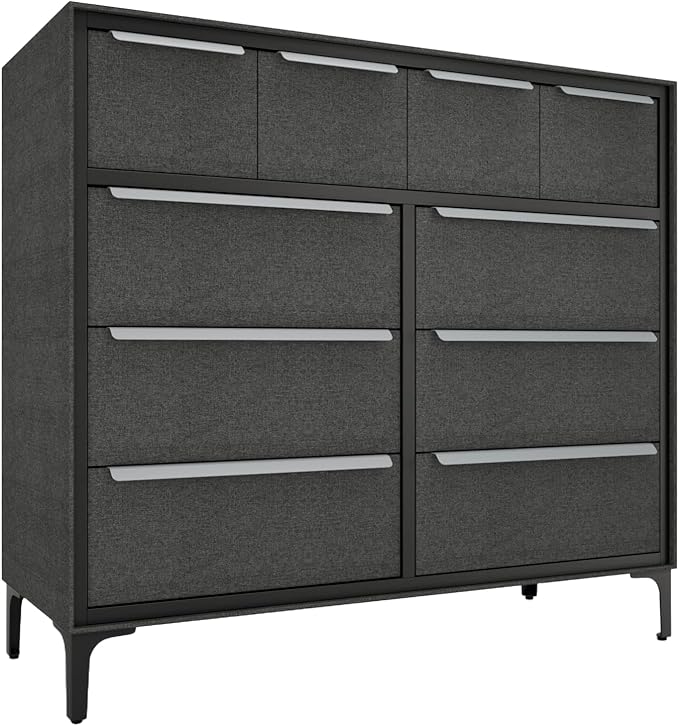 Naima Premium Fabric Dresser - Strong Metal Frame, 10 Spacious Sag-Proof Drawers with Sleek Metal Handles - Premium & Durable Storage Solution for Your Home (Charcoal)