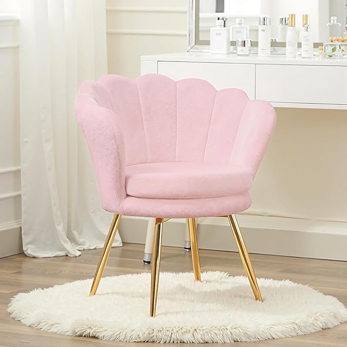 Fluffy Faux Fur Vanity Chair with Back, Mid-Century Modern Small Accent Chair for Living Room, Golden Metal Legs Upholstered Makeup Chair, 1Pcs Bedroom Armchair, Pink