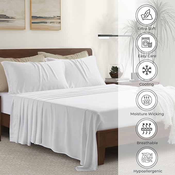 Luxury Bamboo Market | Queen Size Bed Sheet Set | 100% Viscose Made from Bamboo | Organically Grown | Ultra Soft | Cooling Sheets for Hot Sleepers | 17" Deep Pocket [Classic White]