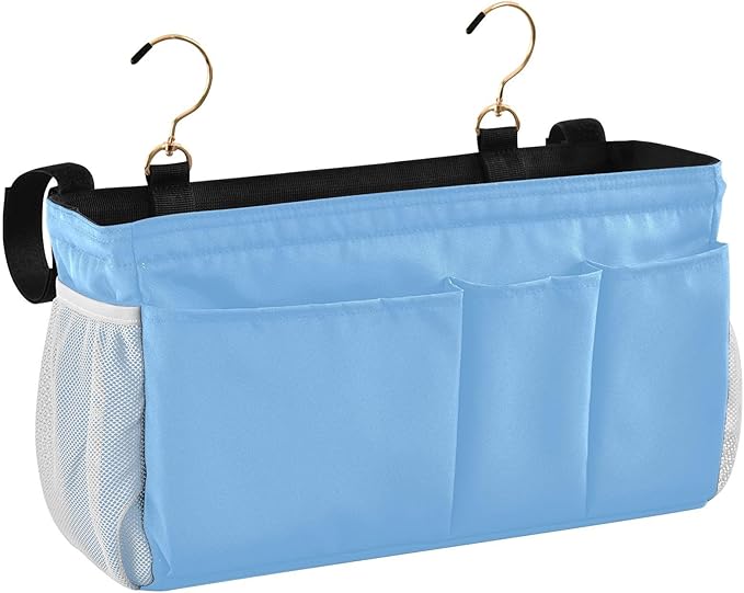KOPIRIT Lake Blue Bedside Caddy Storage Bag Bedside Organizer for Dorm Room Top Bunk Bed Bedside Shelf Hanging Organizer 6 Pockets with Hooks for Glasses Book Tablet Holder