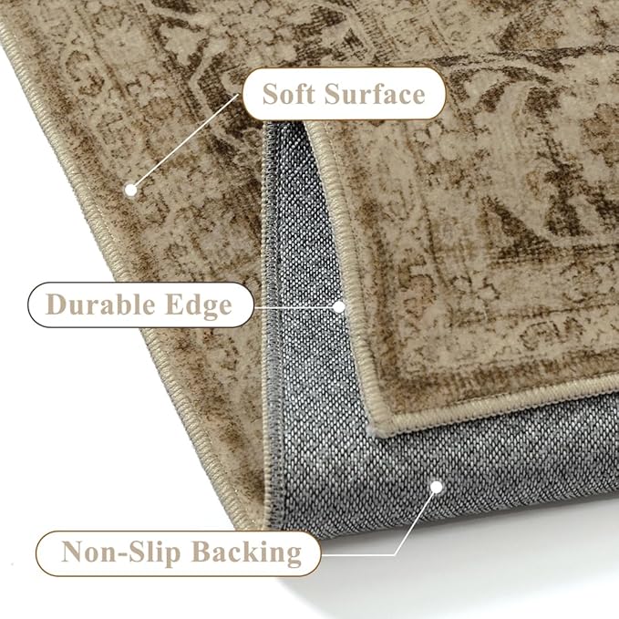 Brown 6x9 Area Rug Non Slip Vintage Living Room Distressed Machine Washable Carpet Retro Indoor Bedroom Traditional Floral Accent Throw Rug for Office Kitchen Dorm Dining Room
