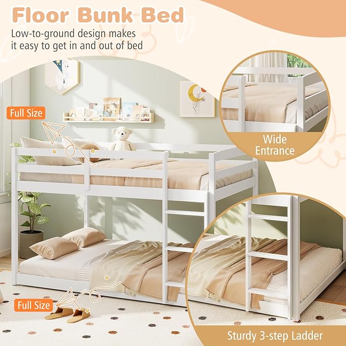 KOMFOTT Low Bunk Bed Full Over Full, Solid Wood Full Bed Frame with Built-in Ladder & Safety Guardrails, Teens, No Box Spring Needed, Space-Saving Low Bunk Bed for Kids