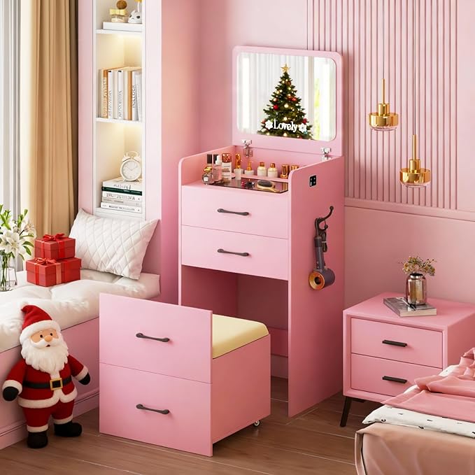HNEBC 3 in 1 Vanity Desk with Plip Top LED Mirror,Small Dressing Table Set with Visible Glass Desktop,Compact Vanity with 3 Drawers,Storage Compartment and Padded Stool,for Bedroom(Pink)