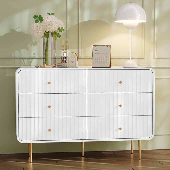 HLR Fluted 6 Drawers Dresser, 48'' Wide Modern Chest of Drawers with Gold Metal Handles,Dresser TV Stand, Wood Dressers & Chest of Drawers for Bedroom, Living Room, Hallway (White)