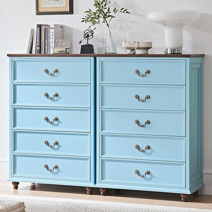 24" Wide Farmhouse Nightstand with Charging Station Set of 2, 45" Tall Rustic Chests of 5 Drawers w/ 4 Solid Wood Feet, Farmhouse Furniture Series for Living Room,Bedroom,LightBlue