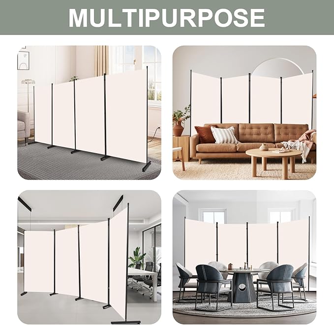 Room Divider Folding Privacy Screens with Wheels, 6FT Tall Divider for Room Separation, Movable Room Partitons and Dividers, Indoor Room Dividers Panel with Fabric (Beige, 4 Panel-136‘’-Round Pad)