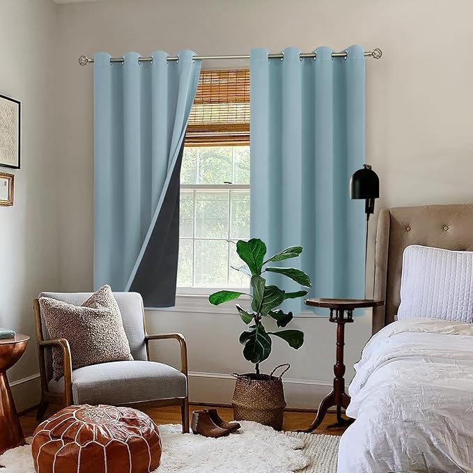 BGment Short 100% Blackout Curtains for Bedroom, Thermal Insulated Lined Energy Efficiency Noise Reducing Grommet Curtains 54 Inch Length for Small Window 2 Panels Each 52 Inch Wide, Greyish Blue