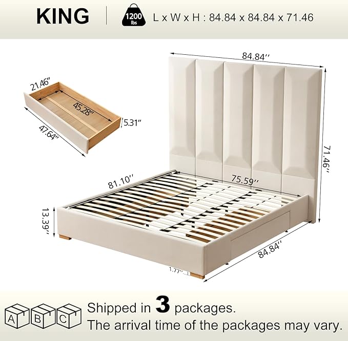 VELOCAVA King Size Upholstered Bed Frame with Extra Tall 71.5" 3D Geometric Headboard, Velvet-Like Fabric, 2 Storage Drawers, 45 Wooden Slats, Adjustable Center Support, No Box Spring Needed, Beige