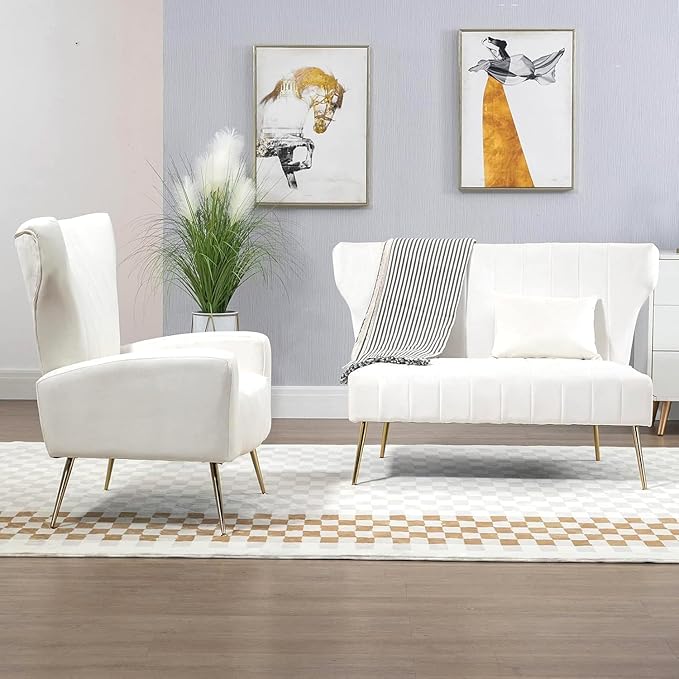 50’’ Armless Loveseat Sofa, Comfy Upholstered Velet Small Couch Sofa with Gold Legs, 2 Seater Tufted Modern Couch for Living Room, Bedroom, Apartment Small Space (White)