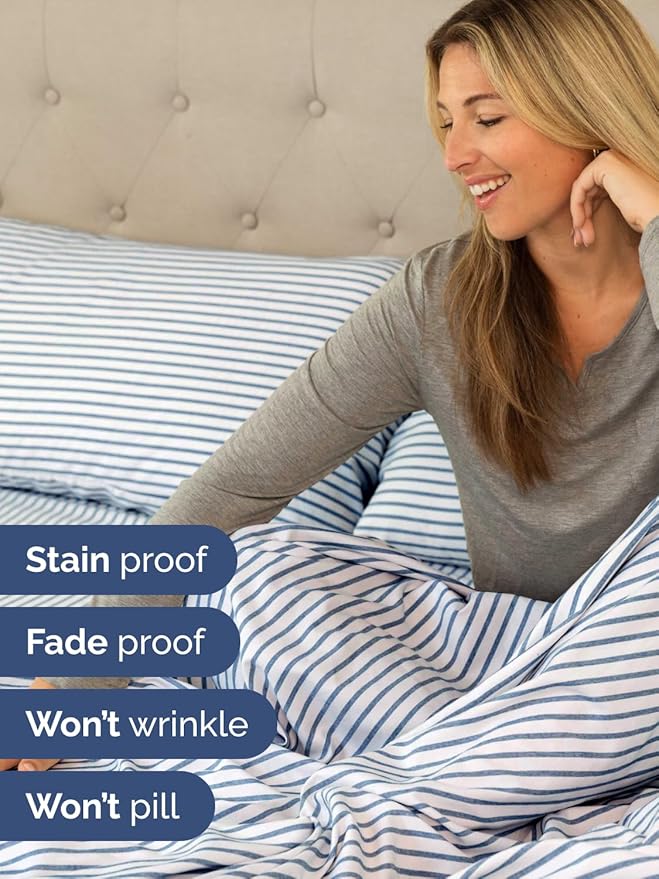 Extra Deep Cal King Sheet Set - 6 Piece Breathable & Cooling Sheets - Hotel Luxury Bed Sheets Set - Easy Fit - Soft, Wrinkle Free & Comfy Sheets Set - Blue Striped Sheet Set with Extra Deep Pockets