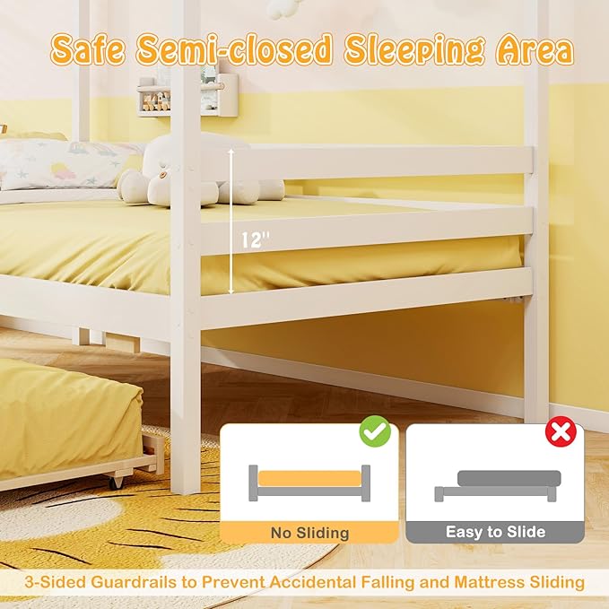 Giantex Twin House Bed with Trundle Bed Twin, Wooden Twin Bed Frames with Roof, Chimney & Window, Montessori House Bed with Safety Guardrails, House Trundle Bed for Kids, Boys, Girls, Teens (White)