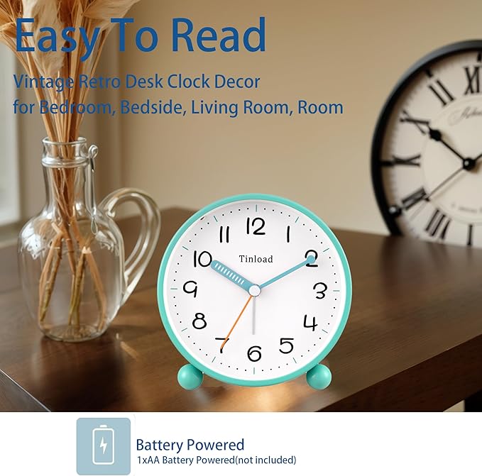 4.5" Antique Retro Analog Alarm Clock, Small Silent Battery Operated Clock with Manual Light, Snooze, Vintage Decor for Bedroom, Living Room, Office, Bedside,Desk（Green）