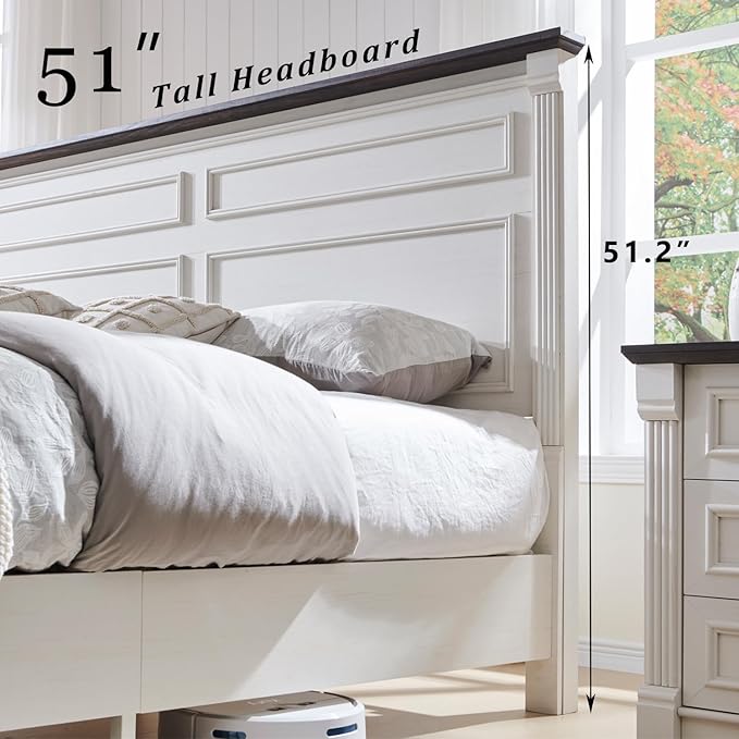 Farmhouse King Size Bed Frame with 51" Tall Headboard, Wood Platform Bed Frame with 20" Tall Roman Column Decoration Footboard & 3 Large Storage Drawers, No Box Spring Needed (White)