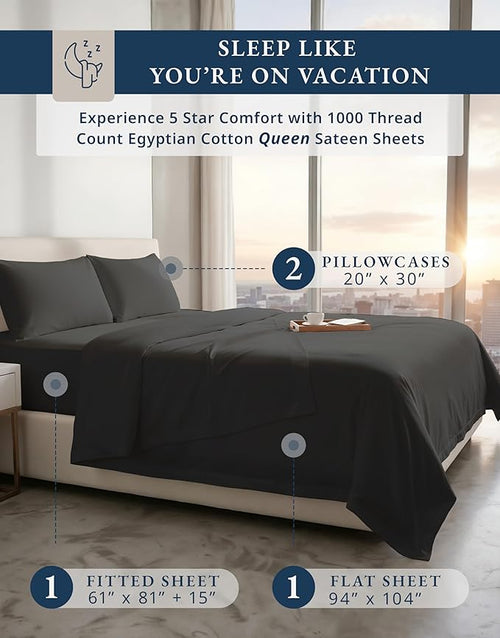 100% Egyptian Cotton Sheets Queen Size Bed Set – 1000 Thread Count Naturally Cooling & Breathable Sateen Queen Sheets Set, Long-Staple Cotton for Lasting Softness, Snug Fit 15" Deep Pocket - Black