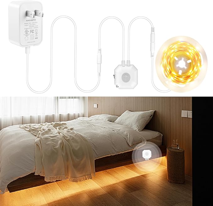 Motion Sensor LED Light Strip, 9.8 Feet Flexible Warm White Motion Activated Led Strip Lights with Adjustable Timer & UL Power Supply for Under Cabinet, Stairs, Bed Lighting Decoration.