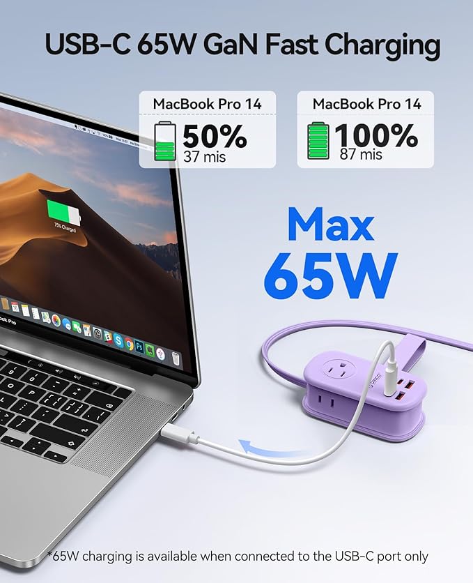ORICO 65W GaN Travel Power Strip with 7-in-1 Charging Ports (3 AC Outlets/2 USB-A/2 USB-C), Flat Plug and 4FT Extension Cord, Fast Charger for MacBook Pro/Air, iPad Pro, iPhone 17/16/15- AP3