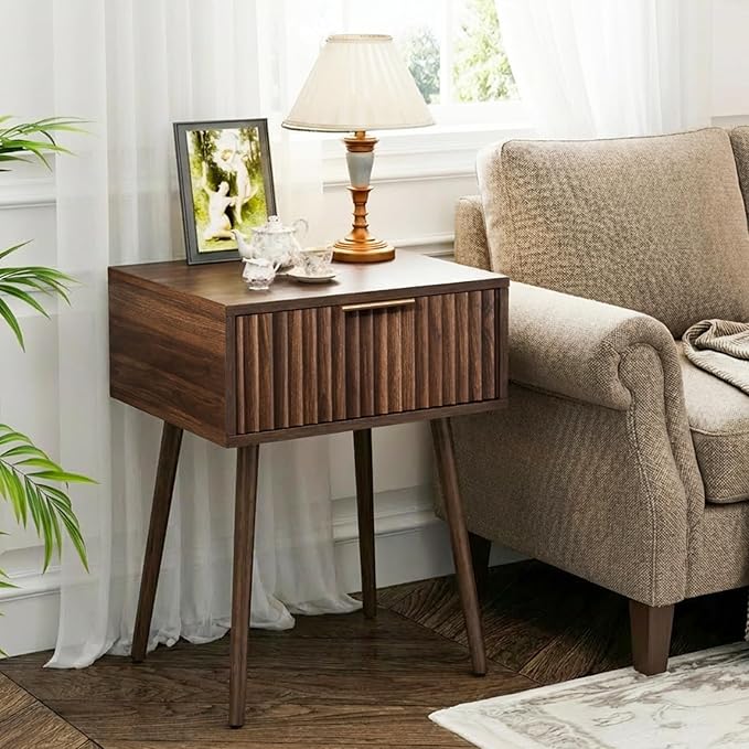 VINGLI Nightstands Set of 2, Fluted Night Stand with Drawer, Bedside Table, Wood Nightstand for Bedroom, Mid Century Modern End Tables, Walnut, 18.9" W*14.96" D*24" H