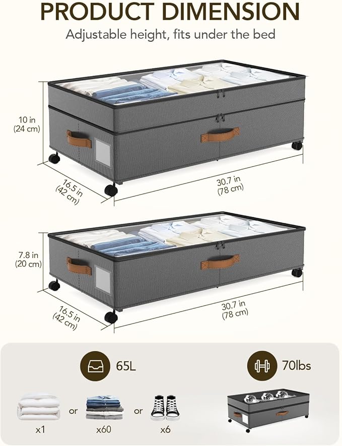 4 Pack Under Bed Storage with Wheels, Adjustable Height Storage Containers, 10 inches Large Capacity Rolling Underbed with Lids, Storage Drawers Shoes, Clothes, Blankets, Grey