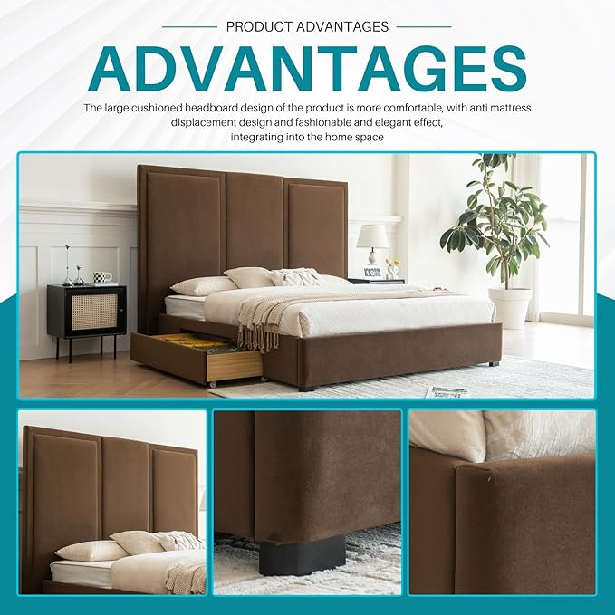 YUHUASHI King Size Bed Frame with 64-inch High Headboard, Simple and Airy Linen Upholstered Platform Bed with Storage Drawers, Wood Slat, No Noise (Brown, King)
