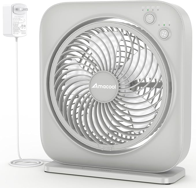 AMACOOL Table Fan, 12 inch Box Fan with 3 Adjustable Speeds & 8HRS Timer, Adjustable Angle Quiet Air Circulator, Desktop Fan for Bedroom Bathroom Kitchen Office, AC Adapter Included-Grey