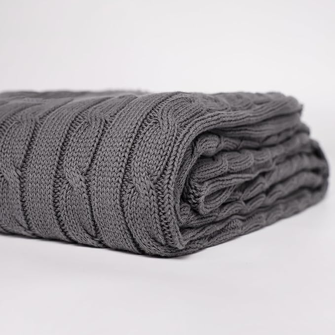100% Cotton Cable-Knit Throw Blanket: 60" x 70", Ultra Soft, Breathable, All-Season Comfort & Versatility, Ideal for Couch, Bed, Travel and Gifting (Grey)