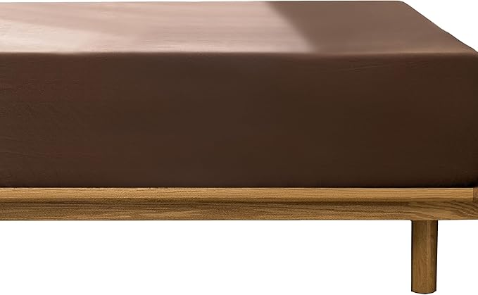 MooMee Fitted Bottom Sheet Only 100% Washed Cotton Linen Like Textured Breathable Durable Soft Comfy Deep Pocket Fits Mattress up to 17" (Cocoa Brown, Queen)