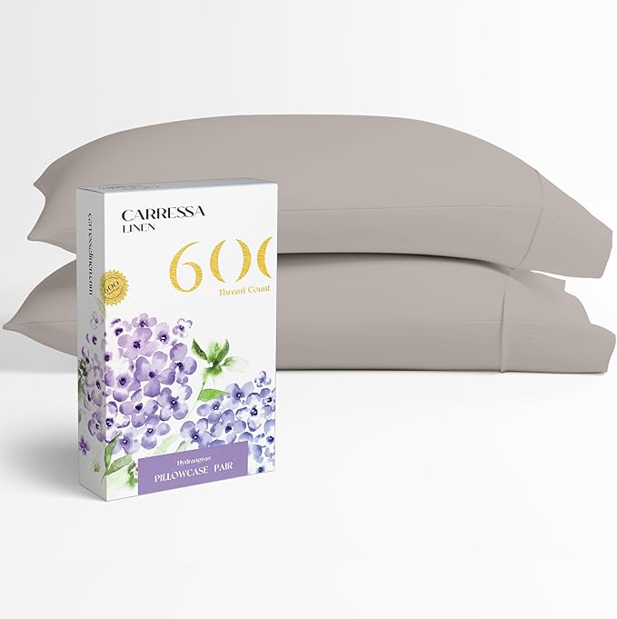 Carressa Linen 100% Egyptian Cotton King Size Pillow Cases Set of 2 - Luxury 600 Thread Count King Pillowcases (Taupe), Silky Soft, Cooling, Breathable Sateen Weave Hotel Quality Bed Pillow Cover