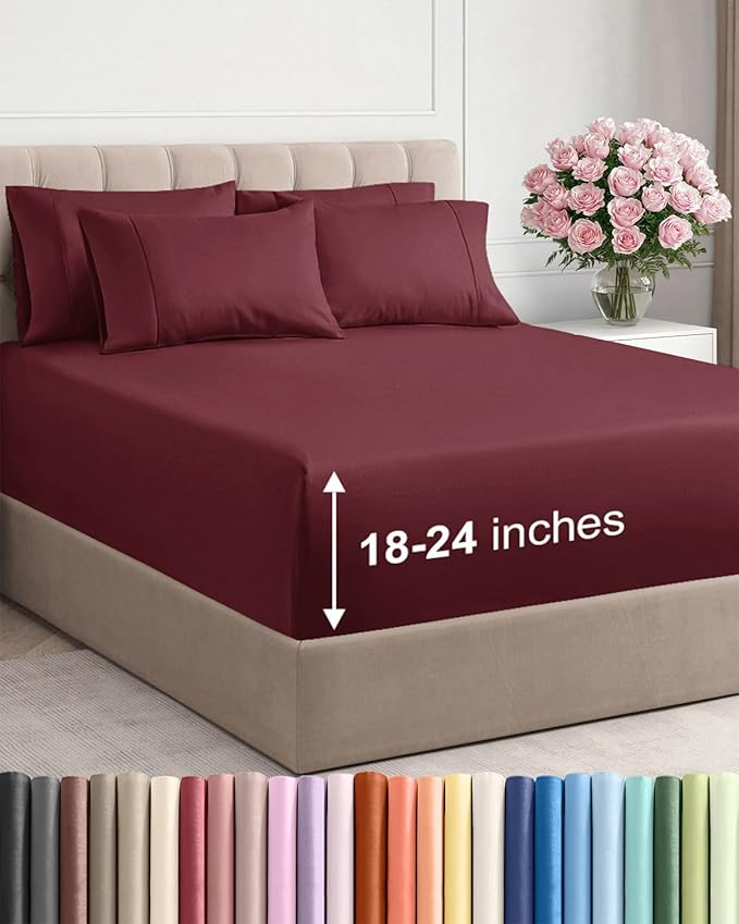 Extra Deep Full Sheet Set - 6 Piece Breathable & Cooling Sheets - Hotel Luxury Bed Sheets Set - Easy & Secure Fit - Soft, Wrinkle Free & Comfy Sheets Set - Burgundy Sheet Set with Extra Deep Pockets