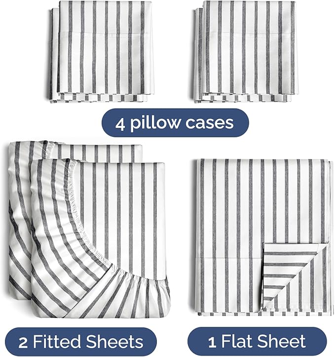Split King 7 Piece Sheet Set - Cooling & Breathable - Hotel Luxury Bedding Includes Fitted Sheets for Women, Men, Kids & Teens - 1 Flat, 2 Fitted Sheets, 4 Pillowcases w/Deep Pockets - Grey Stripes