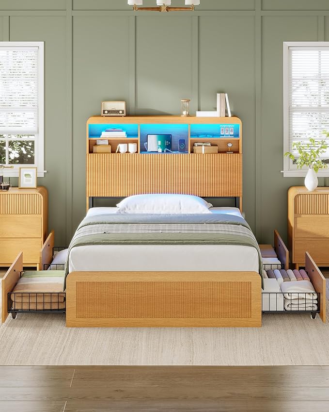 AOGLLATI Twin Bed Frames with 4 Storage Drawers and Hidden Storage Headboard, Wood Led Fluted Twin Bed with Charging Station and Curved Profile Design, No Box Spring Needed, Wood