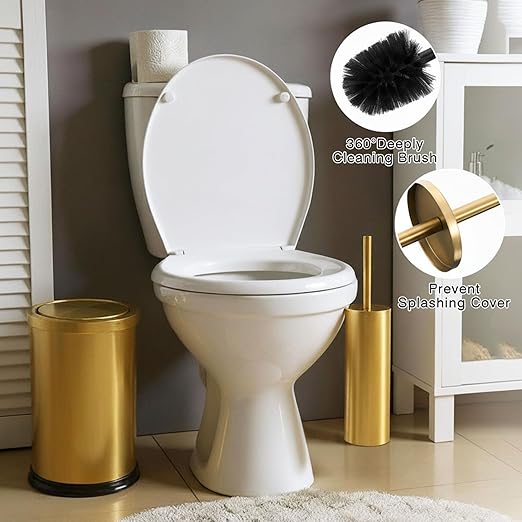 Maxdot 2 Pcs Gold Bathroom Trash Can with Flipping Lid 2.4 Gallon/9.1 L and Toilet Brush Set, Small Stainless Steel Garbage Trash Can Toilet Cleaner Brush Wastebasket Bin for Bathroom Bedroom Office