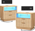 ELYKEN Wood Fluted Nightstand Set of 2, 24" Wide Night Stand with Charging Station & LED Lights, 2 Pack Bedside Table with 2 Drawers and USB & Type-C Port for Bedroom